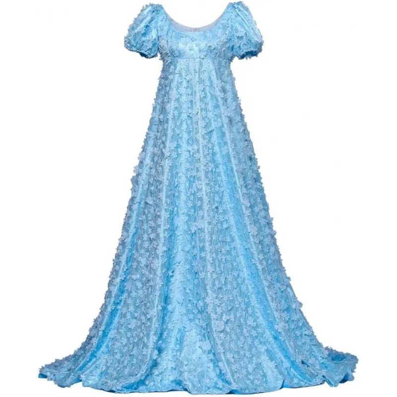 

Women's Daphne Basset Dress Regency Dresses Jane Austen Style High Waistline Ruffled Puff Sleeve Long Dress