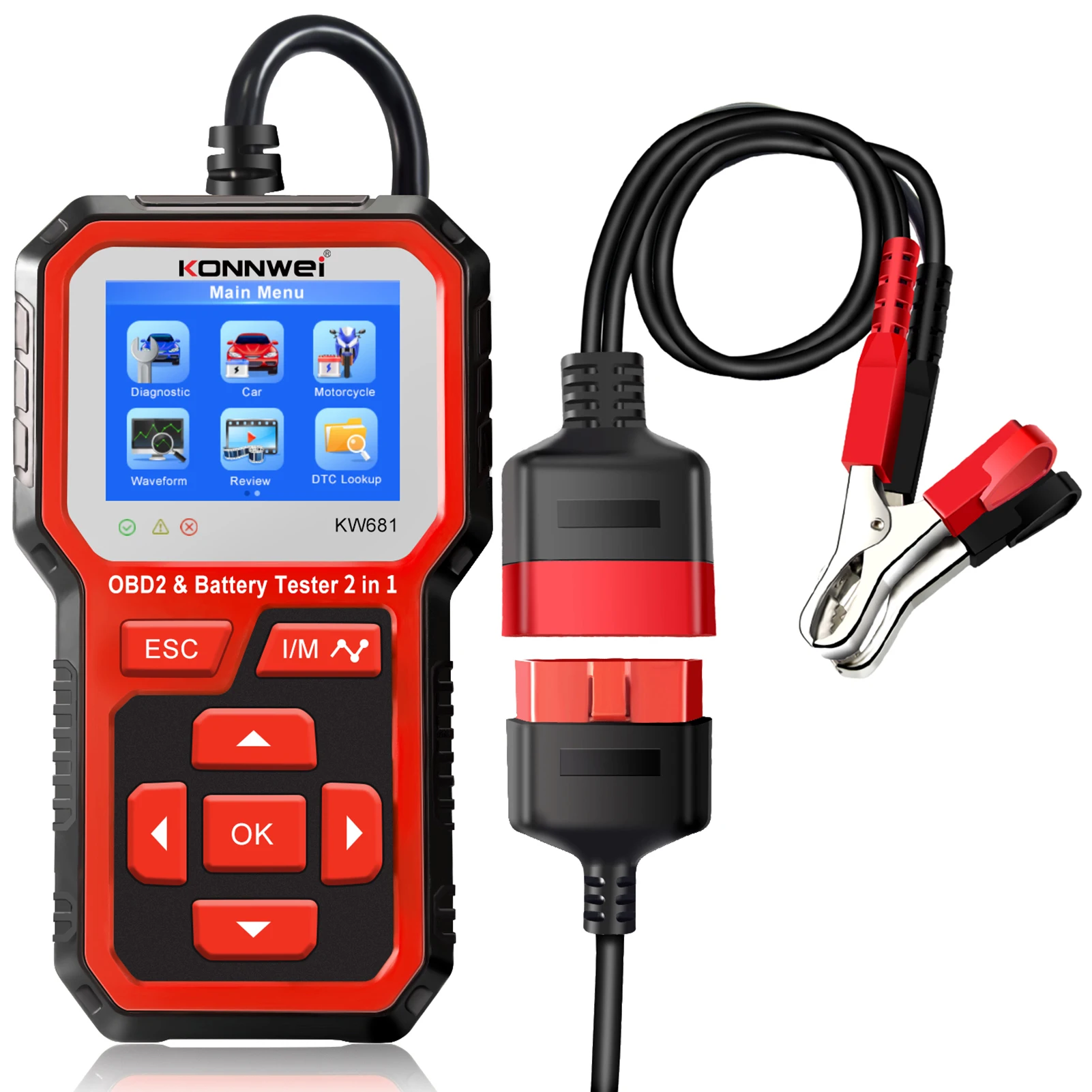 KONNWEI KW681 Car&Motrocycle Battery Tester & OBDII Diagnostic Scanner Tool 2 in 1 Diagnostic