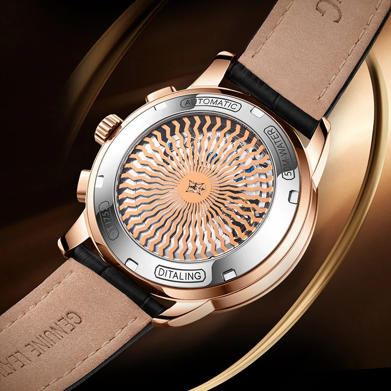 DITALING Men Automatic Watch 40MM Luxury Mechanical Wristwatch Vintage Waterproof Sapphire Triple Windows Multifunctions Dial