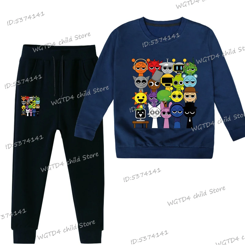 Wiosna Chłopcy Dziewczynki Anime Sprunki Garnitur Zabawna Gra Figurka Nadruk Bluza Długi Rękaw Pullovers+Fashion Sprunki Spodnie 2szt Zestawy