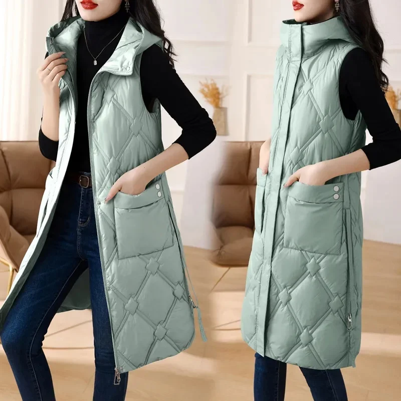 Autumn Winter Women Sleeveless Waistcoat Warm Puffer Jacket Ultra Light Mid Long Down Cotton Vest New Female Outwear Casual Tops