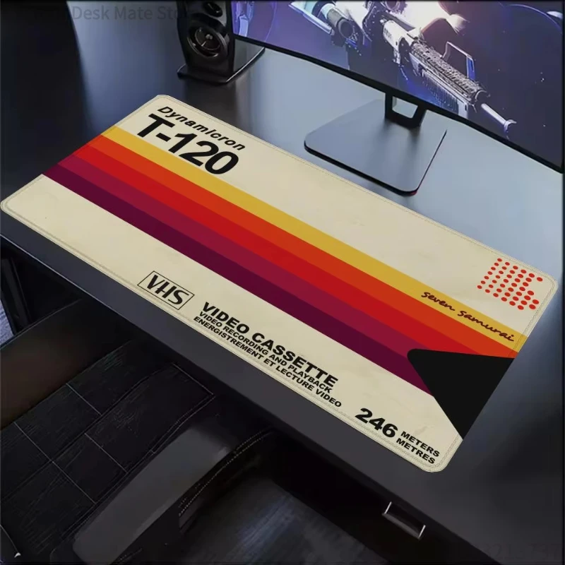 Retro VHS Tape Rainbow Stripe Gaming Mouse Pad Large Extended Desk Mat 80s Nostalgia Non-Slip Base