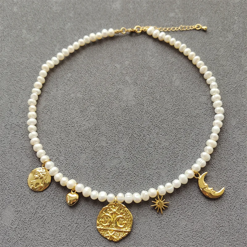 

Retro Fashion Popular Coin Charms Moon Stars Small Love Beauty Pictures Multiple Pendants Natural Pearl Necklace Valentines Day