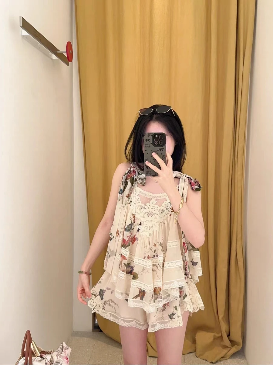 

Floral Print Slimming Belted Short Dress Women's Fashionable Knot Waist Design Summer Collection round Neck Short Sleeve Dress
