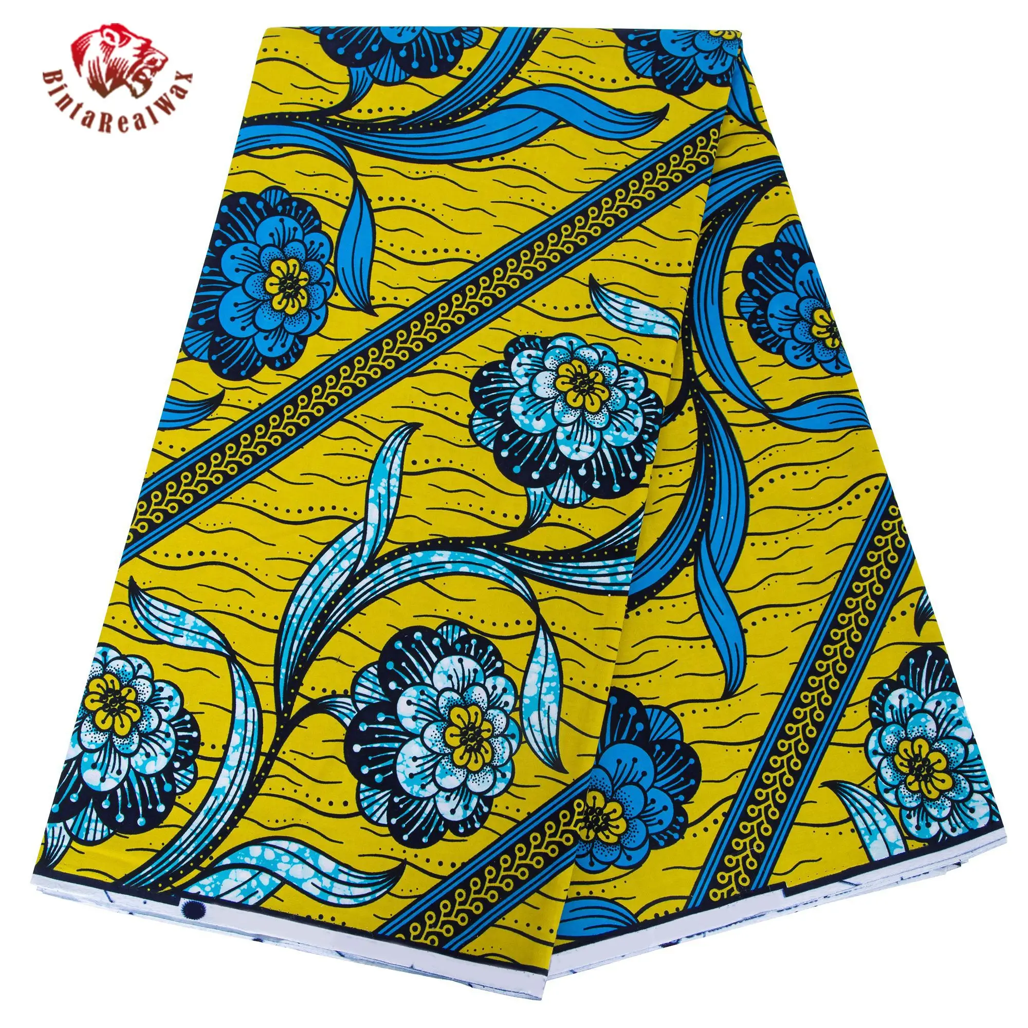 

African Wax Print Fabric – Vibrant Yellow & Blue Floral Batik Design 100% Cotton High Quality Real Wax Fabric 24FS1629