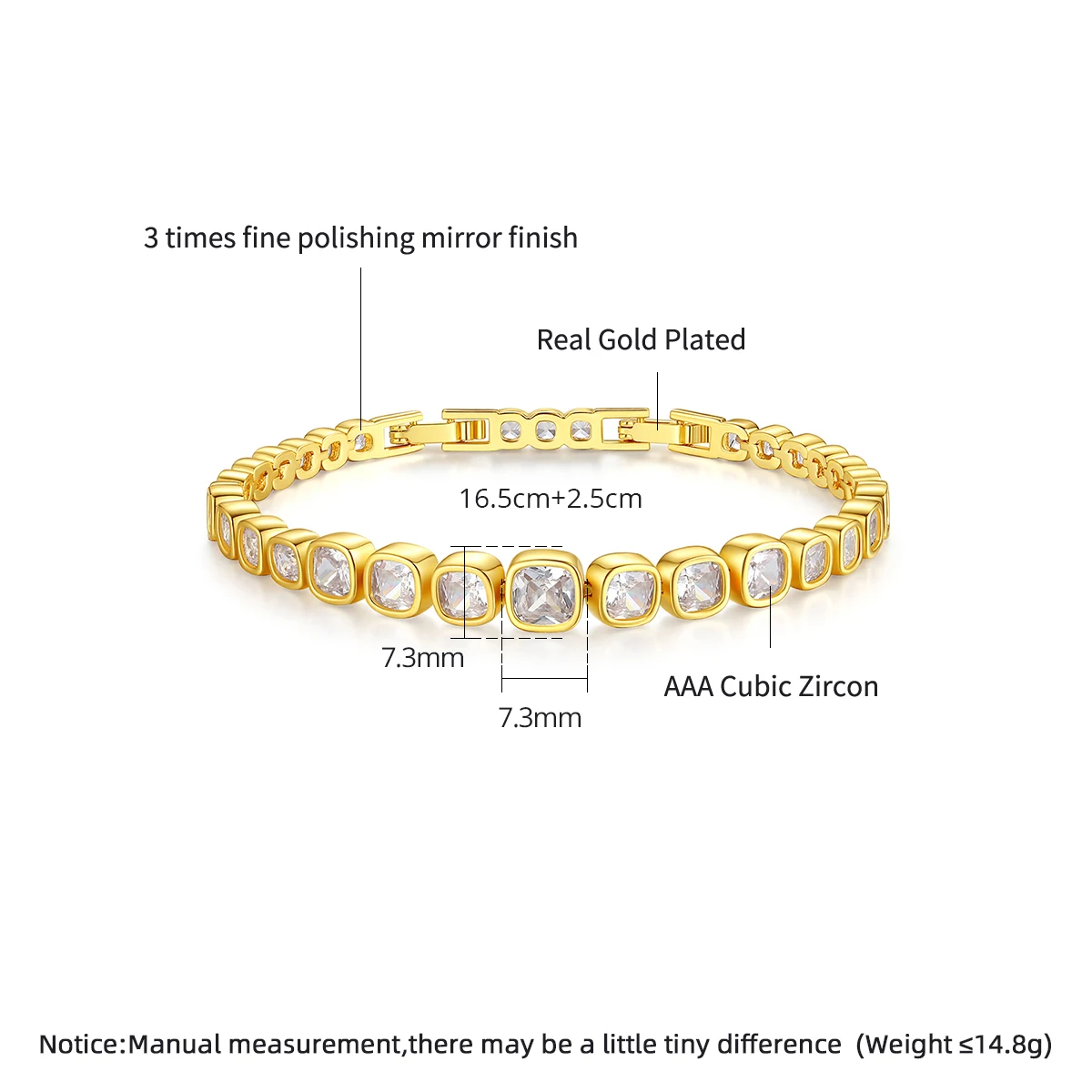 LUOTEEMI Princess Cut CZ Bracelet Gold Color Fashion tunning Dating Zircon Hand Jewelry for Women Girls Wedding Daily Accessory