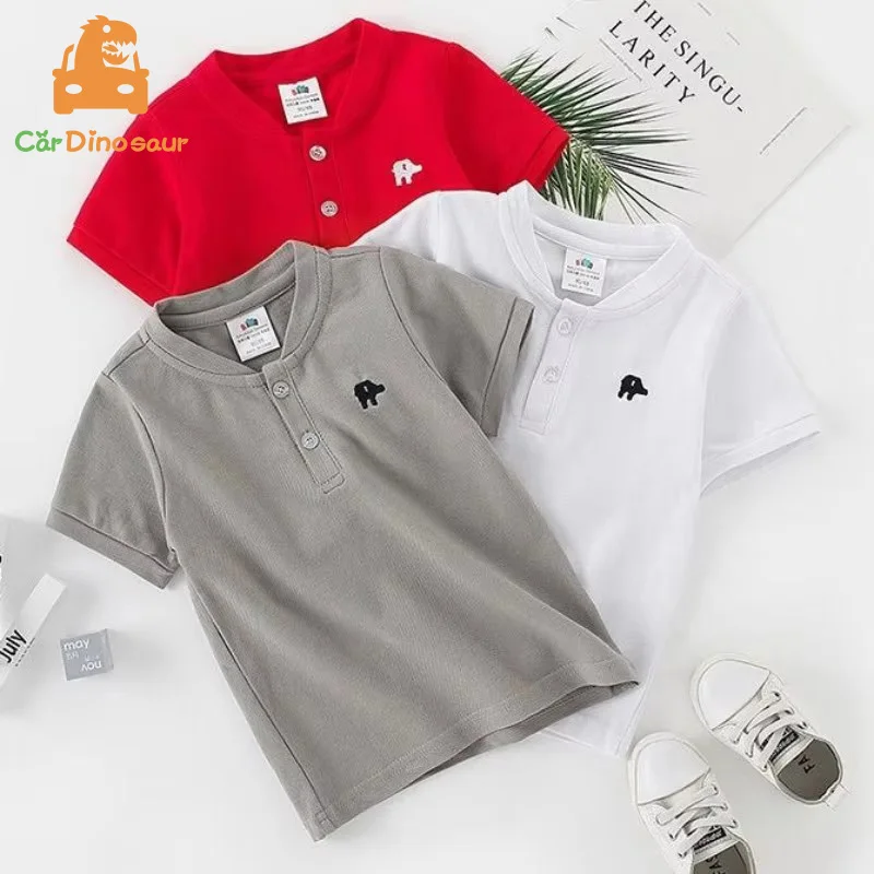 2025 Summer 2 3 4 6 8 10 Years Cotton Embroidery Short Sleeve Mandarin Collar Solid Color Handsome V-Neck Baby Kids Boys T-Shirt