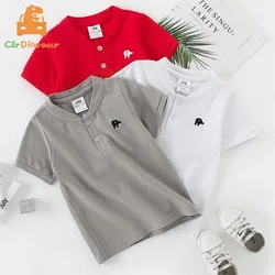 2025 Summer 2 3 4 6 8 10 Years Cotton Embroidery Short Sleeve Mandarin Collar Solid Color Handsome V-Neck Baby Kids Boys T-Shirt