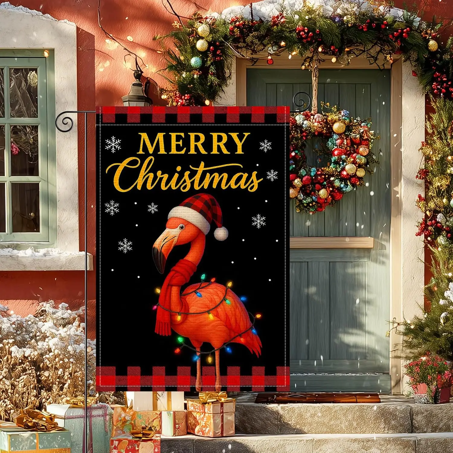 Merry Christmas Flamingo Garden Flag Double Sided 12x18 Inch Burlap Winter Garden Flag Christmas Flamingo with Lights Season LLG