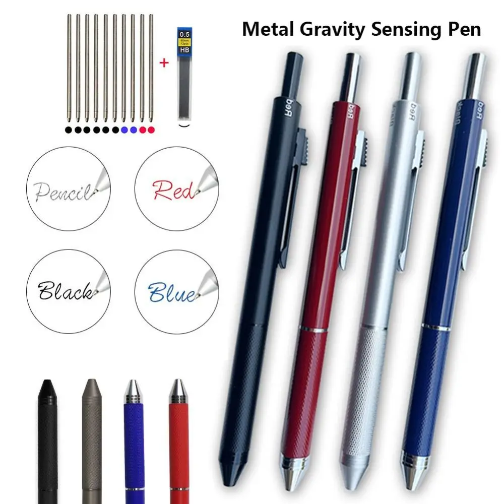 

3 Colors Ink Gravity Sensing Pen Creative 4 in 1 Press Type Mechanical Pencil Metal Signature Pen School Office