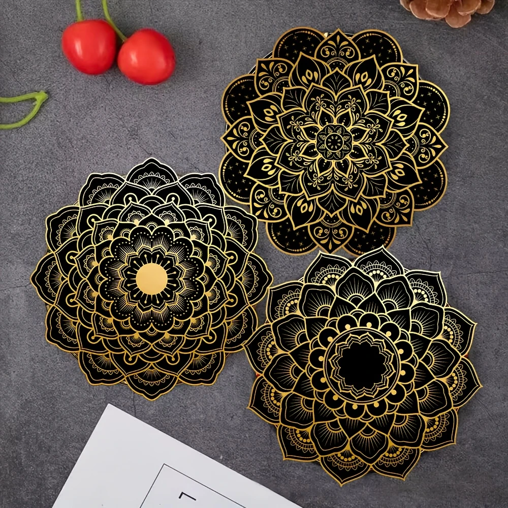 1set Round Wooden Coaster Heat Resistant Non-Slip 2D Flat Single-Sided Color Print Mandala Flower Restaurant Kitchen Coaster