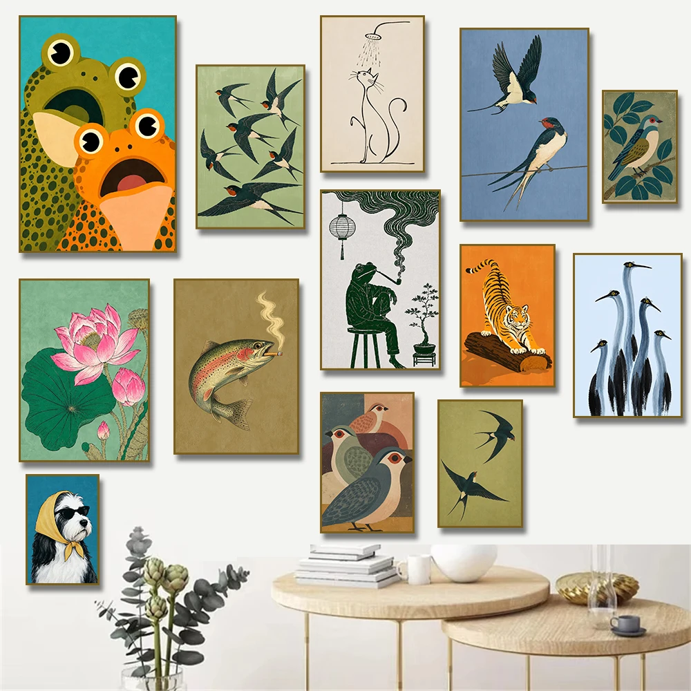 Japanese Crane Swallow Pink Lotus Smoking Frog Bird Tiger Poster Canvas Painting Print Wall Picture for Living Room Home Decor
