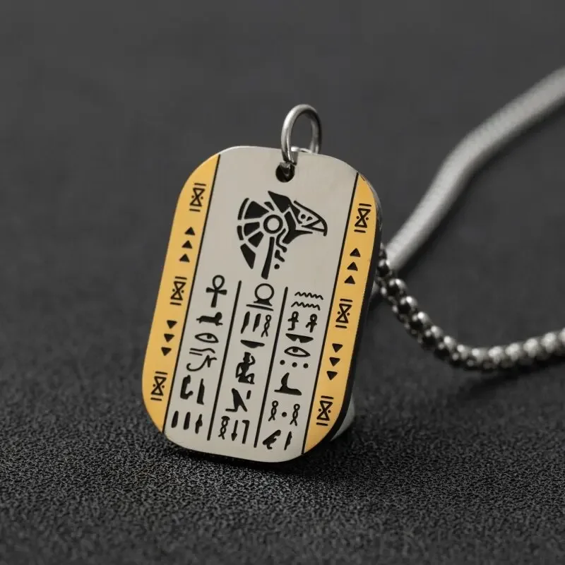 Ancient Egyptian Anubis Horus Rune Dog Tag Pendant for Men Stainless Steel Necklace Pharaoh Amulet Punk Jewelry Gift