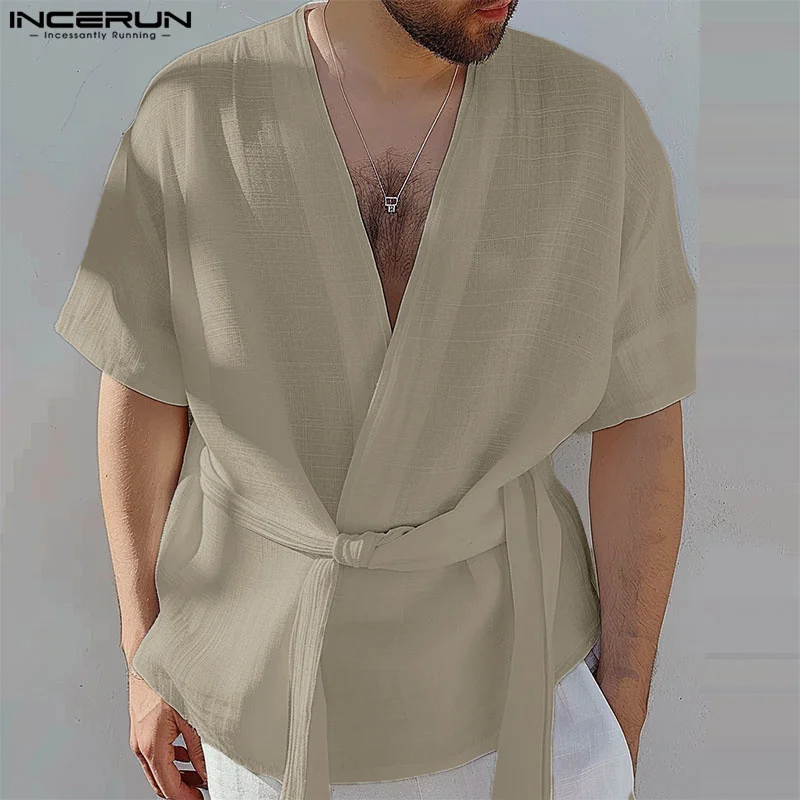 

INCERUN Tops 2024 Korean Style New Men Solid Simple Strap Design T-shirts Fashion Streetwear V-neck Short Sleeved Camiseta S-5XL