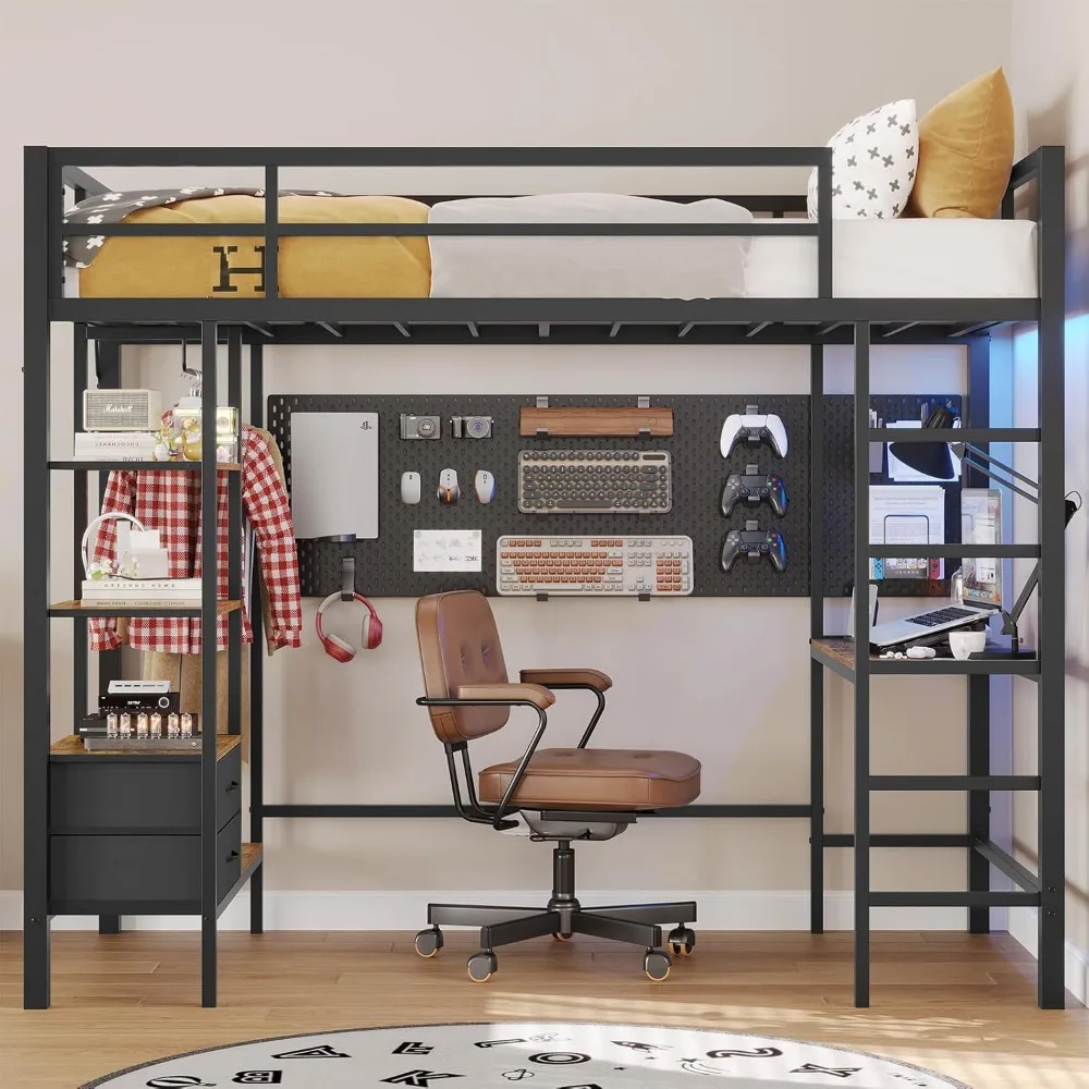 Loft Bed, with Desk and Charging Station Metal Loft Bed with Led Lights, Bed Frame with Clothes Rail, Safety Guard & Ladder, Bed