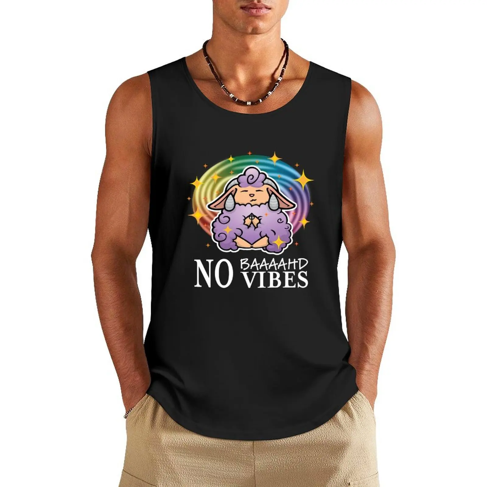 

(Purple) No Baaaahd Vibes – Wear the Chill, Spread the Magic! (White Text)  Tank Top Men's gym singlet for men mens clothing