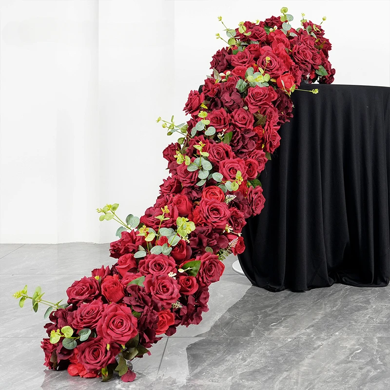 Luxury Red rose Artificial Flower Row Wedding Decor Table Centerpieces Flower Ball Floral Arrangement Party Props Long Runner