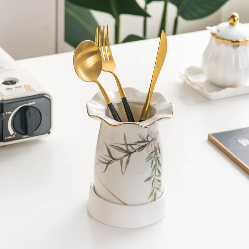 Kitchen Utensils Holder for Countertop,Ceramic Flatware Storage Organizer,Cooking Tool Caddy Crock,Porcelain Farmhouse Container