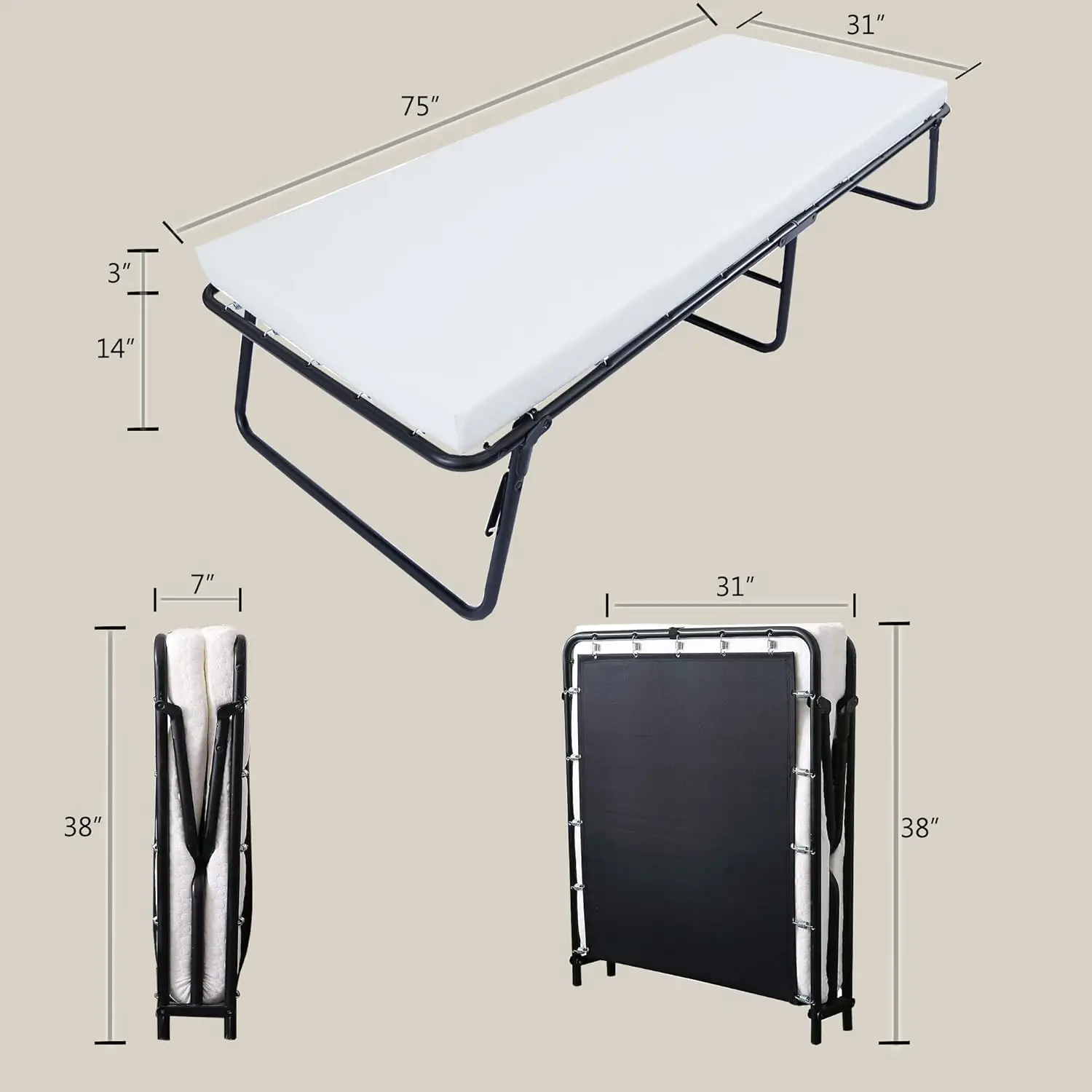 Cama plegable para cama, estructura de cama plegable portátil con colchón grueso de espuma viscoelástica para dormitorio de repuesto y apagado