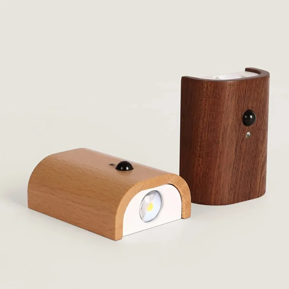 Wooden Motion Sensor Night Light USB Rechargeable LED Magnetic Induction Wall Light Bedroom Corridor Stair Light Home Decor