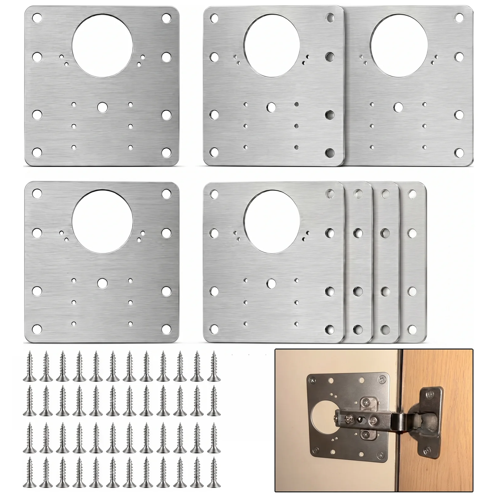 Stainless Steel Cabinet Hinge Repair Plate Kit, Door Mounting Brackets With Screws, Furniture Hardware Fixing Tool, Easy to Use