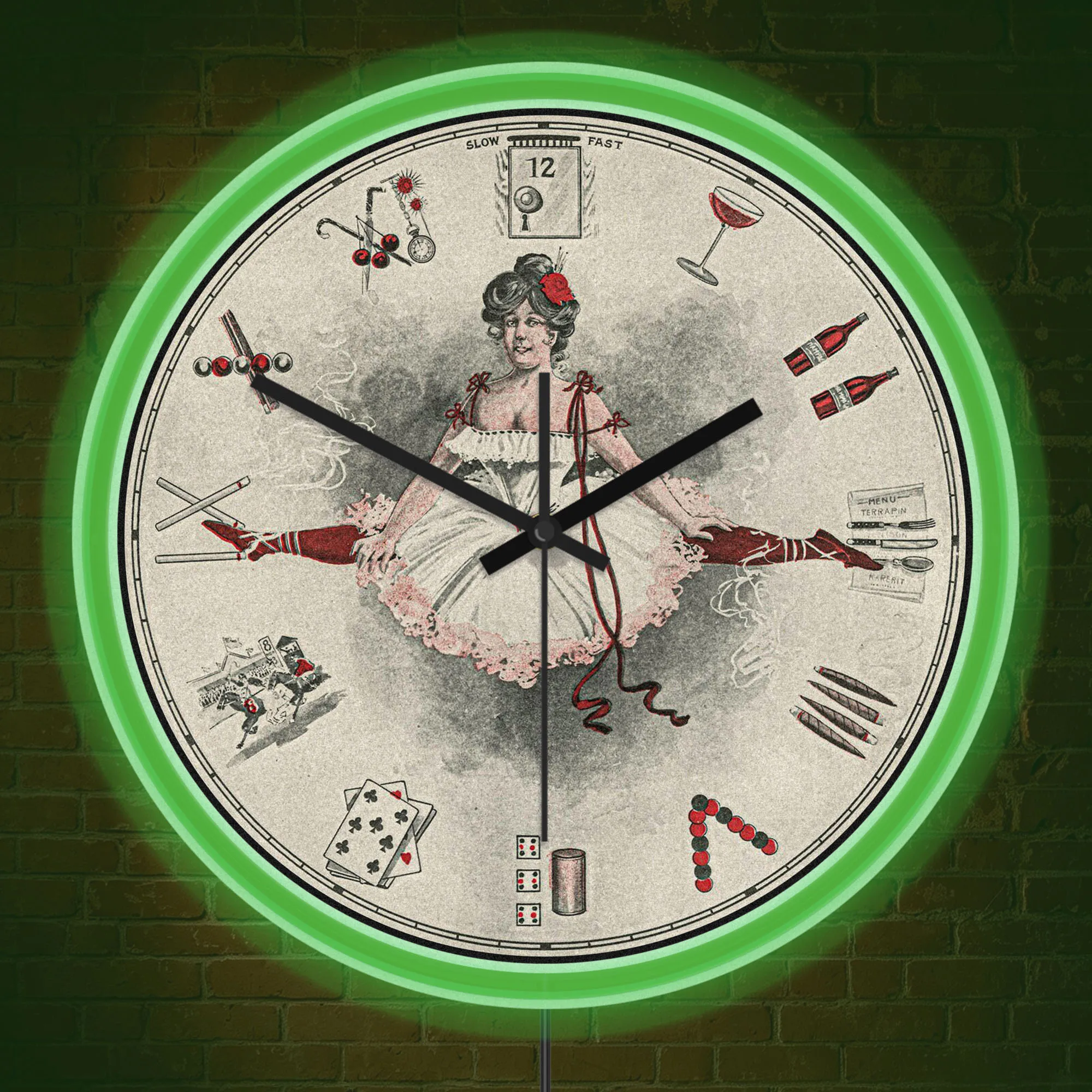 Vintage Cabaret Lady Gambling Art LED Neon Rim Wall Clock Old Fashion Burlesque Wine Illuminated Sign Night Light Wall Clock