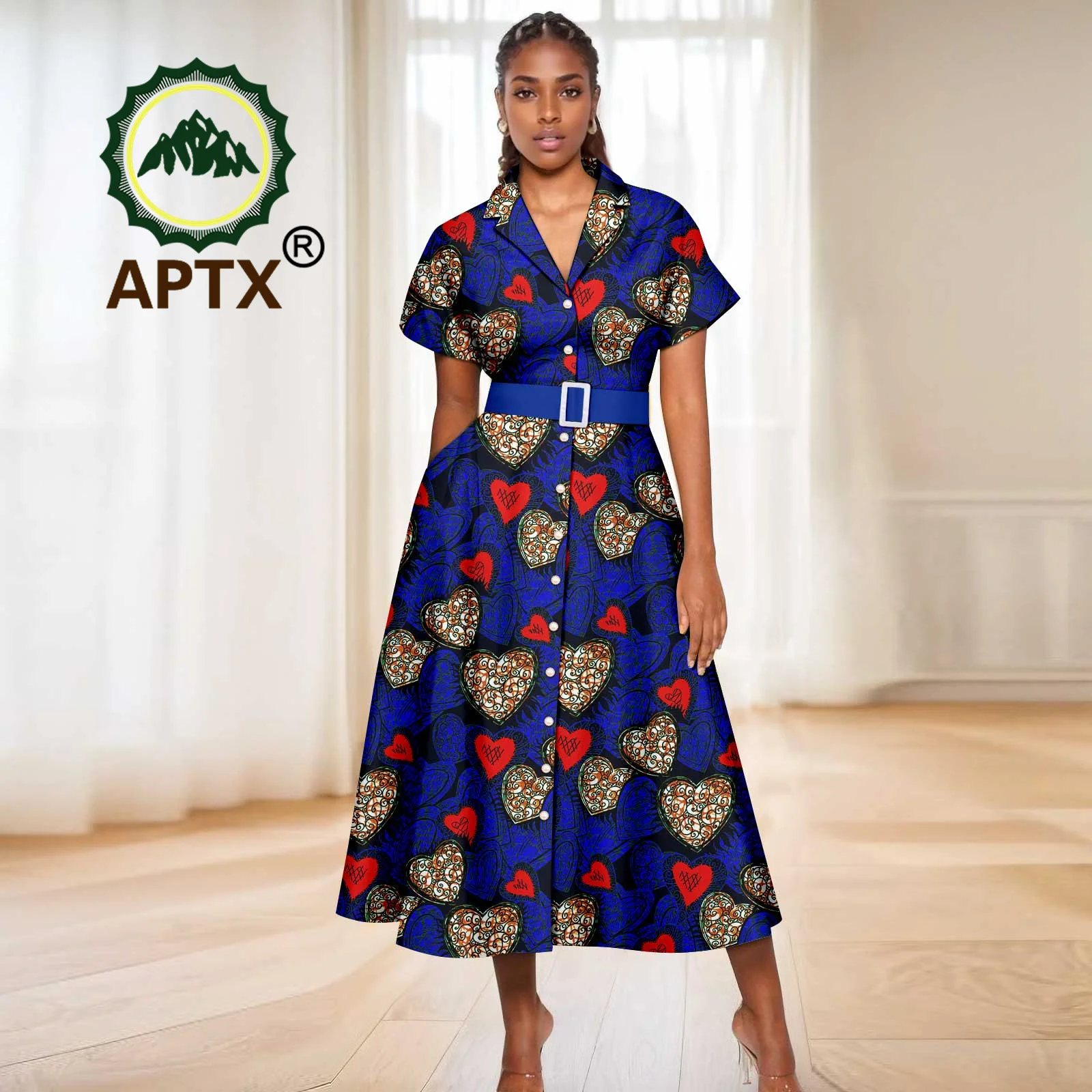 African Dress for Women Ankara Print Short Sleeve Turndown collar Dresses with Belt Dashiki Casual Party Wedding Clothes