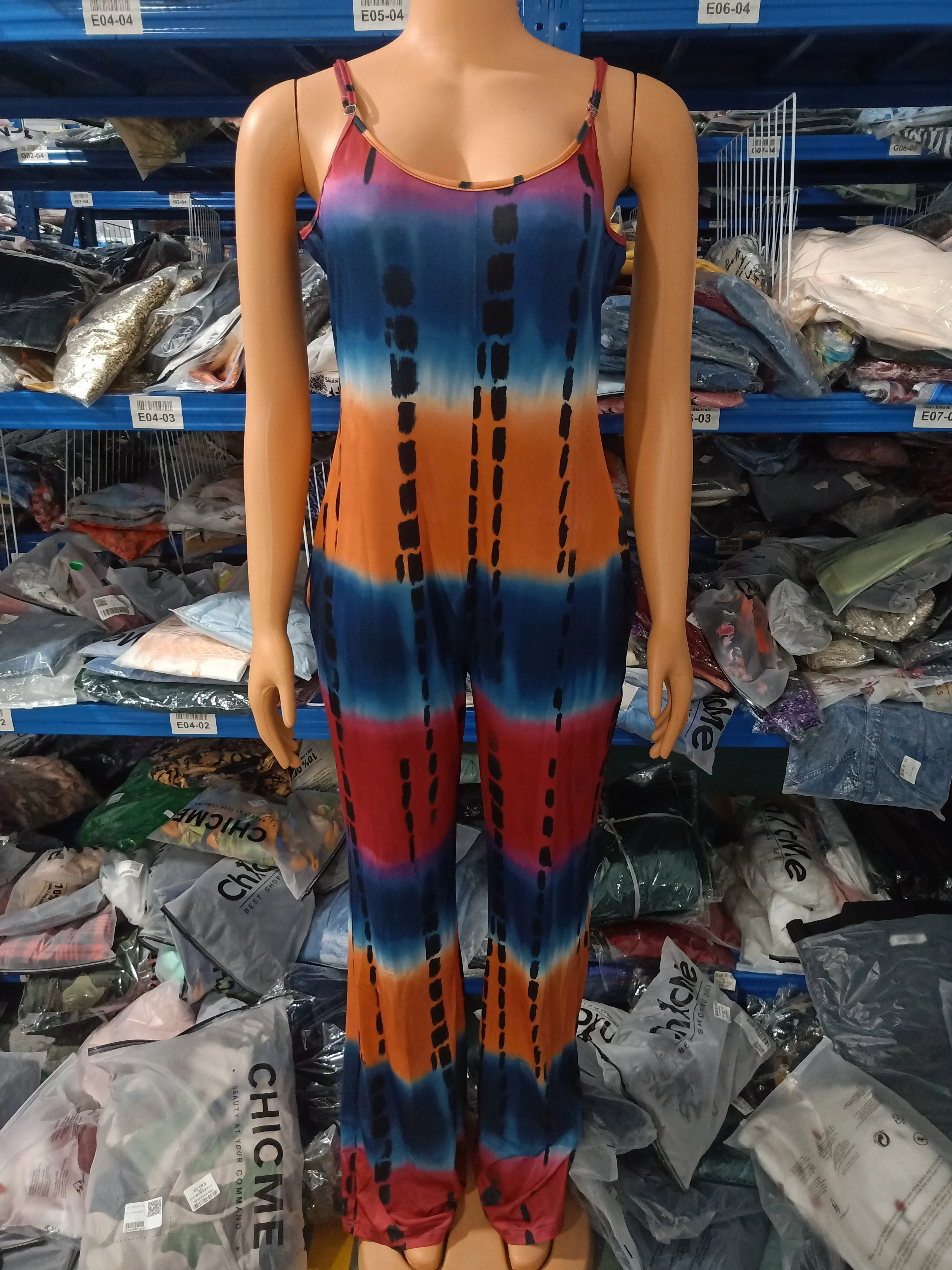 CPSYMYM 女性のジャンプスーツ夏タイダイプリント U ネックノースリーブカジュアルポケットデザインスキニーデイリーロングジャンプスーツ女性クロ