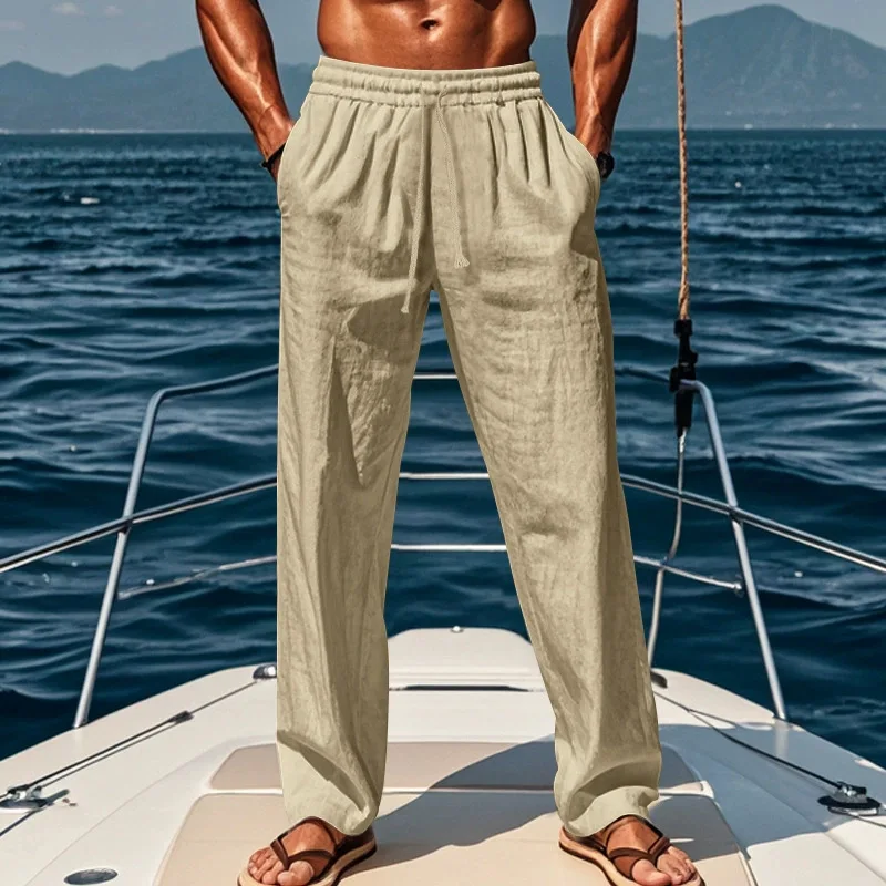 

Men's Casual Cotton Linen Straight Long Pants Summer Men Loose Solid-color Pants Hawaiian Beach Loose Sports Breathable Pants