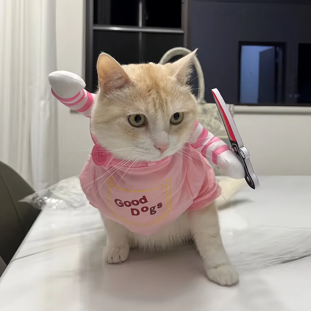 Funny Cat Clothes with Toy Knife Cute & Scary Pet Costume for Kittens Small Cats Dogs Halloween Cosplay Outfit Party Photo Props
