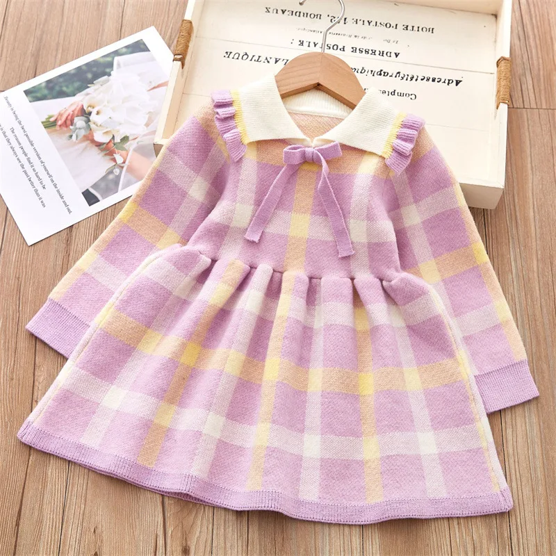 Vestido suéter de otoño/invierno para niñas de 0 a 5 años, vestido de princesa a cuadros con cuello vuelto y lazo, ropa para niños, traje para niñas pequeñas