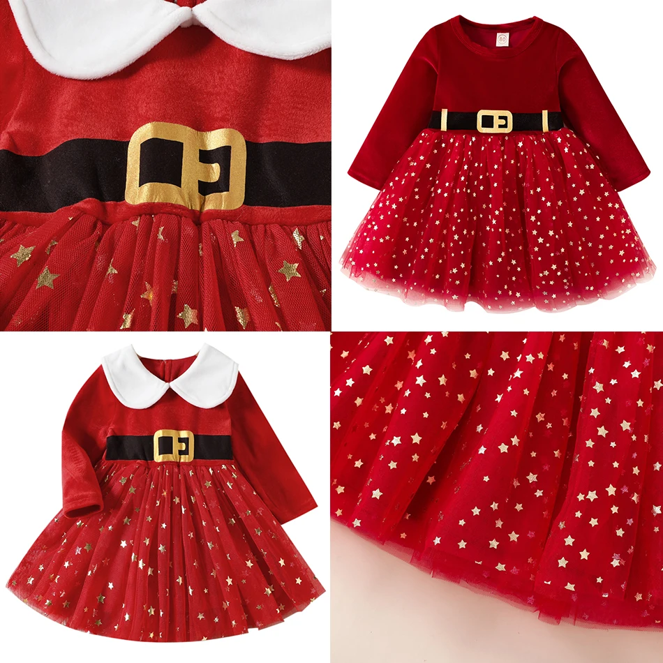 Christmas Toddler Princess Dress Children Star Print Sequin Mesh Tutu Costume Kids New Year Gown Girls Xmas Long sleeve Clothes