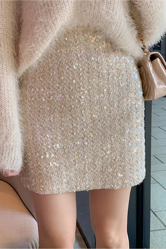 

2025 Spring Autumn Tweed Sequin Skirt for Women Elegant High Waist Bodycon Skirt Shiny Boucle Short Skirt Chic French Style