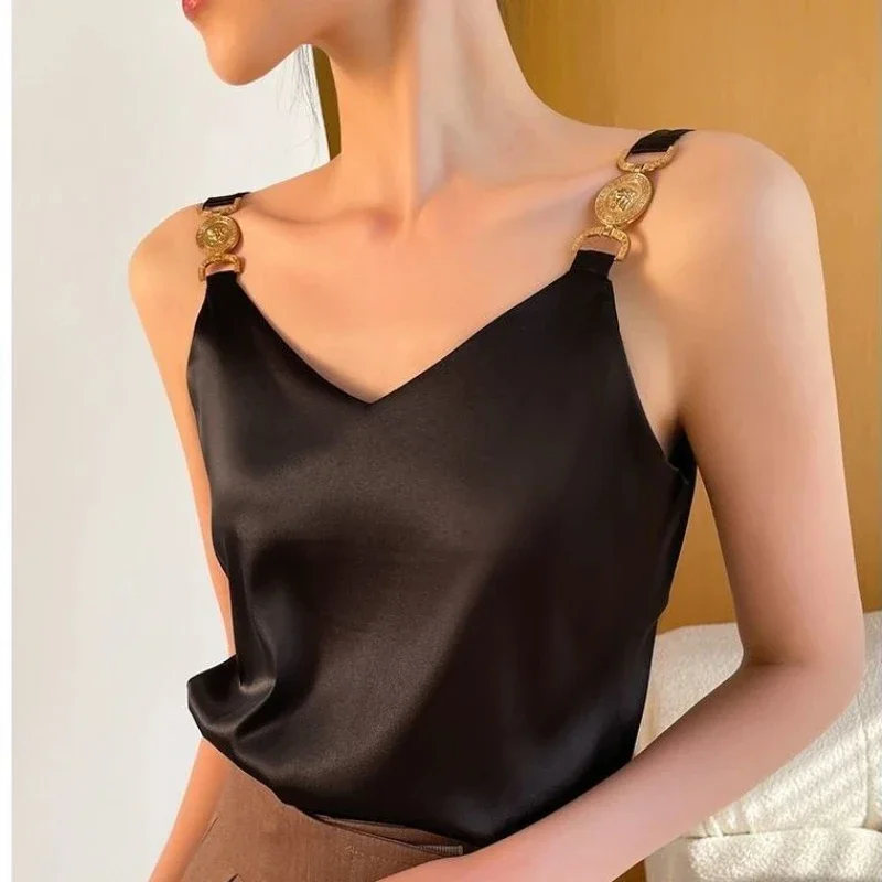 Ladies Silk Suspenders Solid Satin Vest Spring Summer 2024 New Wild Pullover Tops Women Interior Front/Rear V-Neck Thin Tops