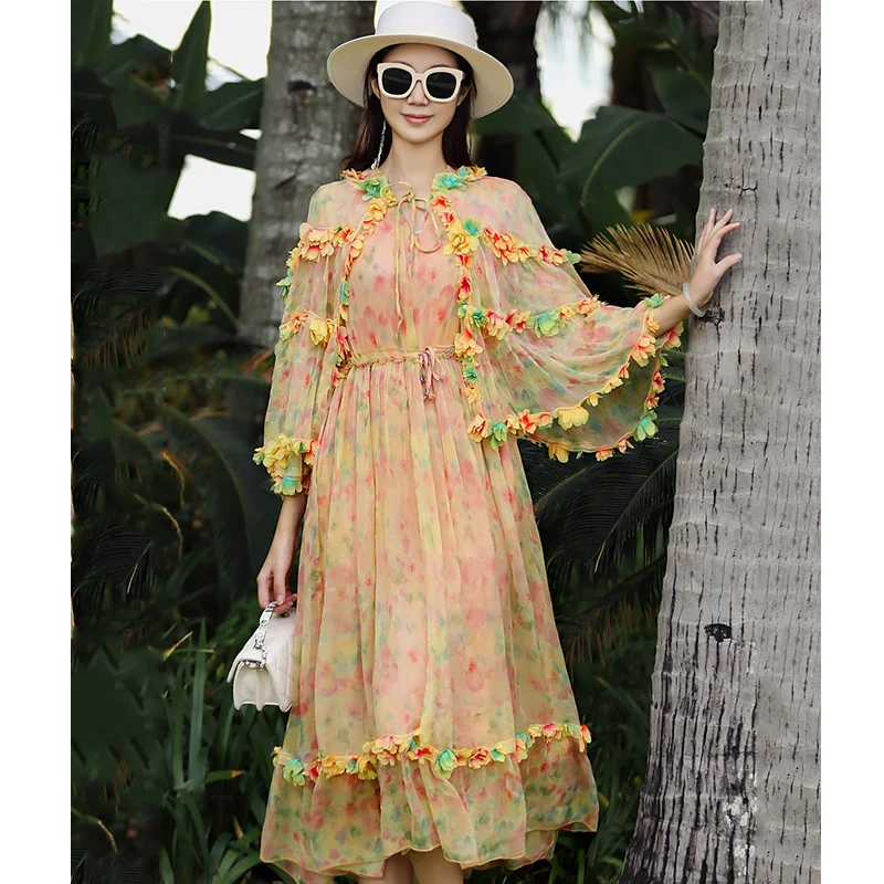 Spring/Summer New High end Women's Silk Print+Tied Flower Cape Sleeves Fashion Belt Elegant Mid length Dress One Size