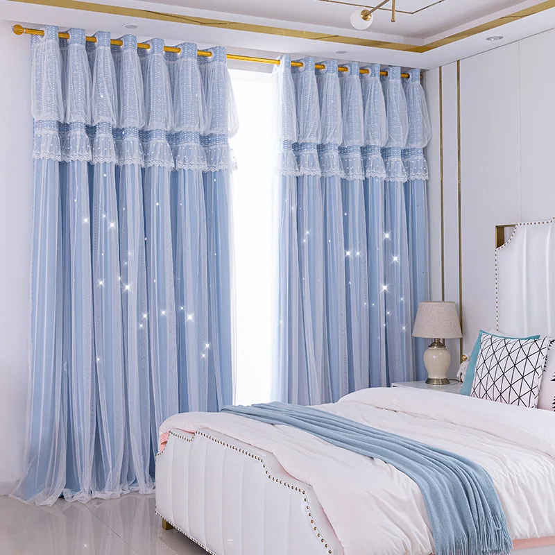 Blackout Curtain and Sheer Voile Double Layer Star Pattern Modern Window Drapes for Living Room Thermal Insulated Home Decor