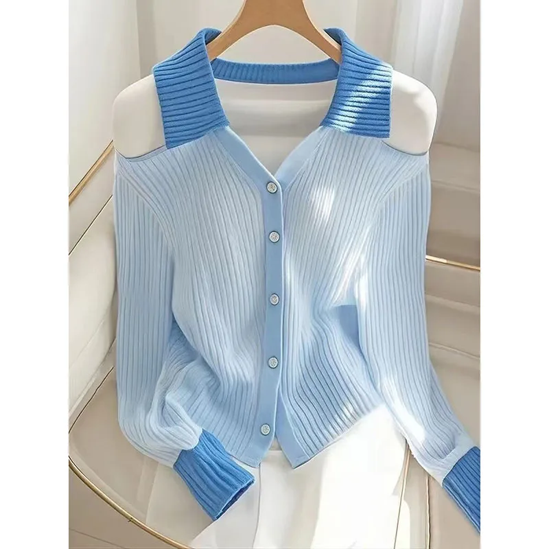 Spring Autumn New Gentle Wind Collar Long Sleeve Shirt Ladies Blue White Color Matching Dopamine Off-the-Shoulder Cardigan Shirt