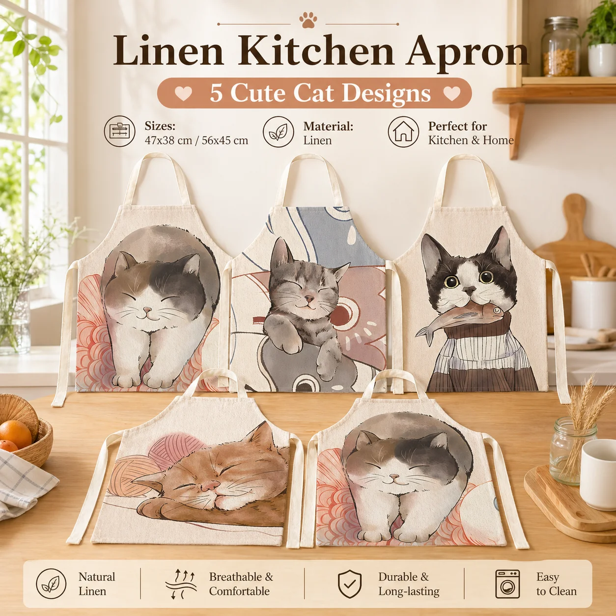 

Cute Cat Printed Linen Kitchen Apron Watercolor Kitten Pattern Sleeveless Pinafore for Women Home Baking Cooking Cleaning Bibs