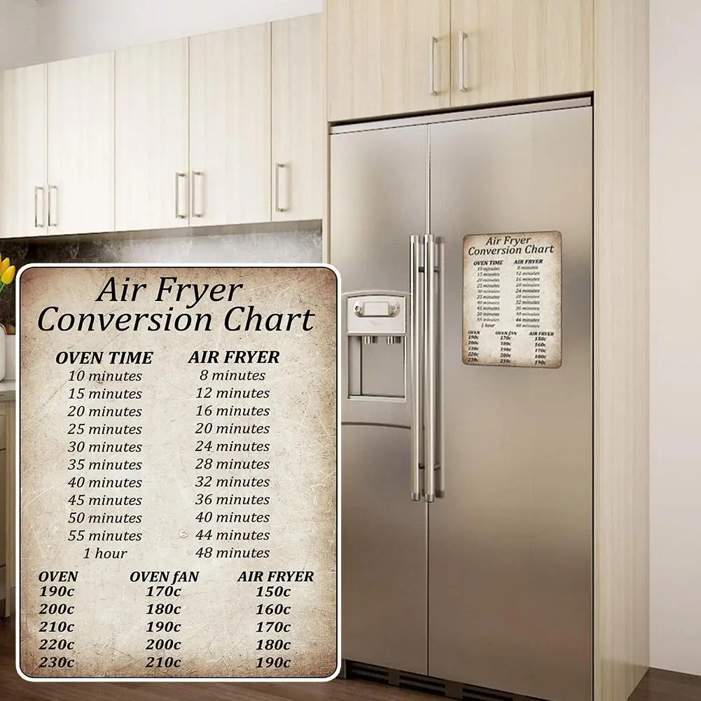 

Rustic Air Fryer Conversion Chart Cooking Time Temp A5 Kitchen Sign Time PVC Magnetic Cheat Fryer Chart Cooking Sheet Oven H4R0