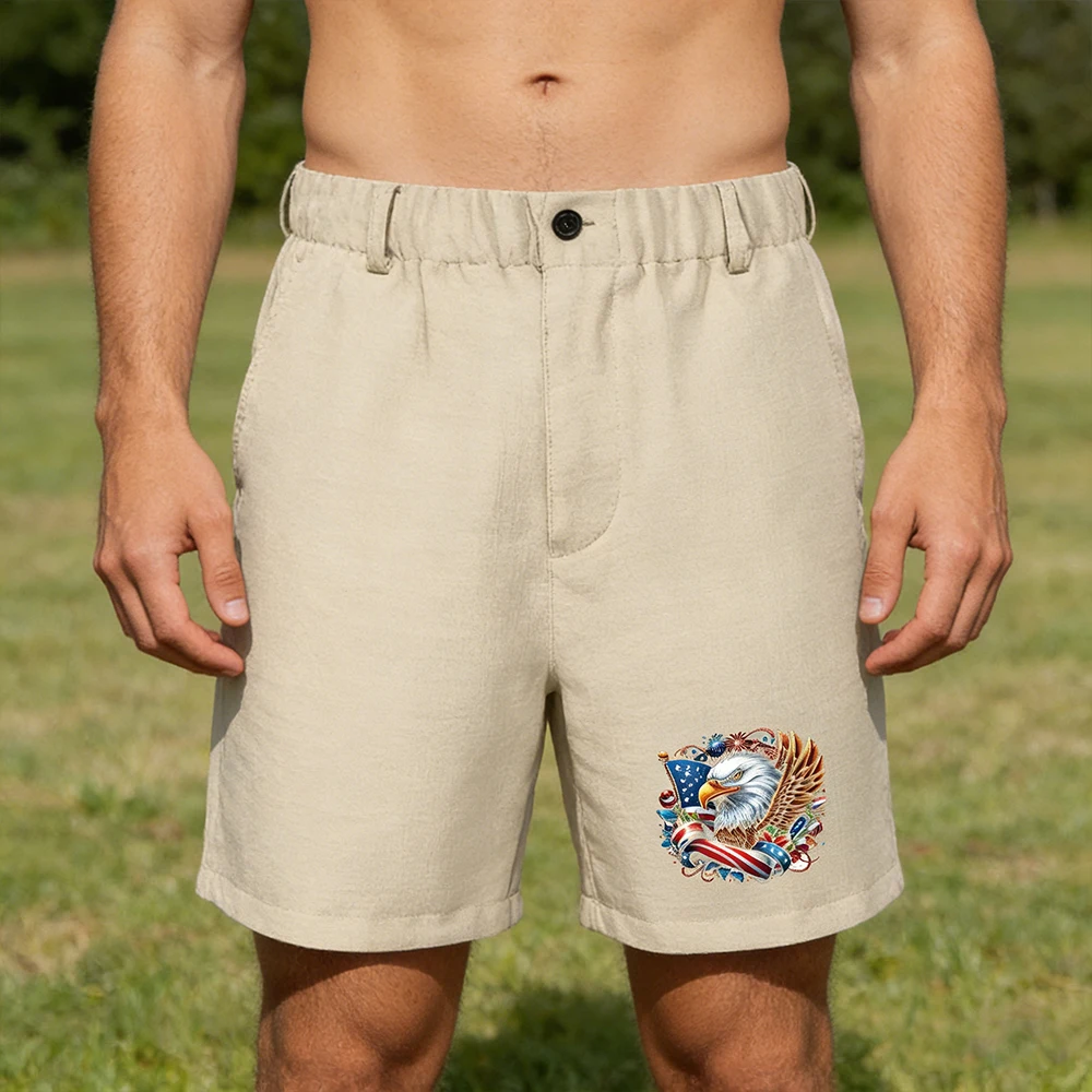 

Мужские повседневные бежевые шорты под лен для лета и пляжа с принтом орла и флага, с карманами, легкие