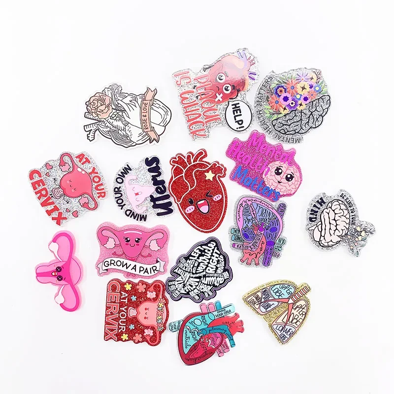 1PC Glitter Acrylic Heart Brain Cervix Uterus Lungs Mind Charms Pendant Fit DIY ID Card Badge Holder Jewelry Making Gifts