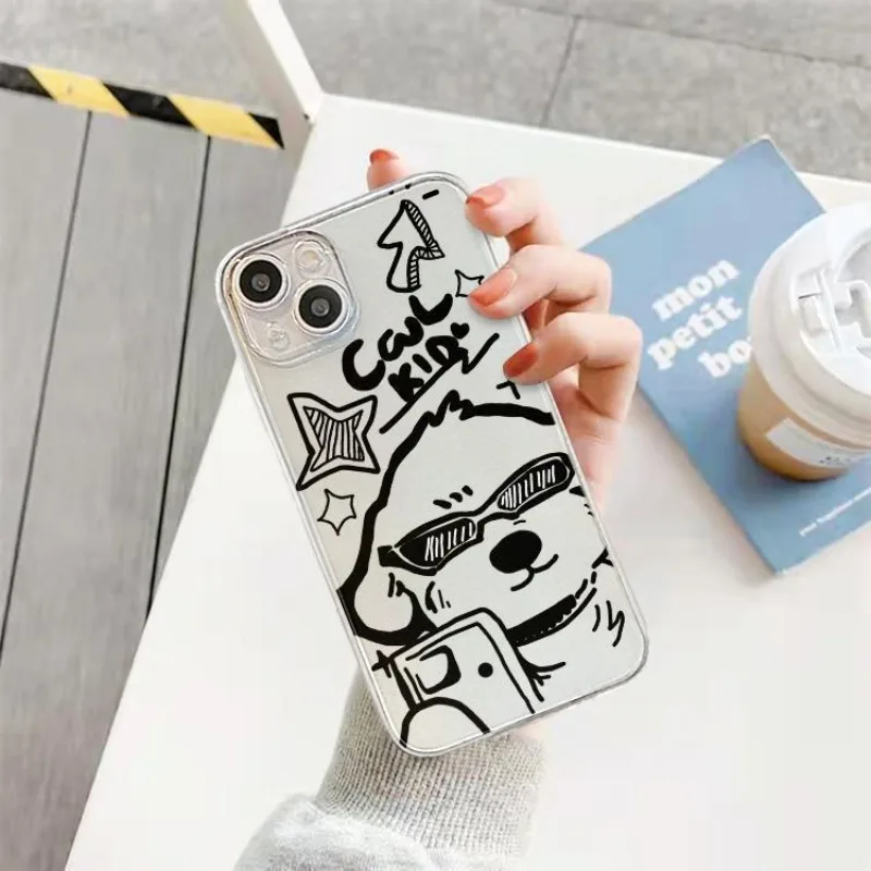 Dog Cat Graffiti Couple Phones Case For IPhone 11 12 13 14 15 Pro Max Mini X XR 7 8 SE Plus SE Carton Animals Cute Puppy Covers