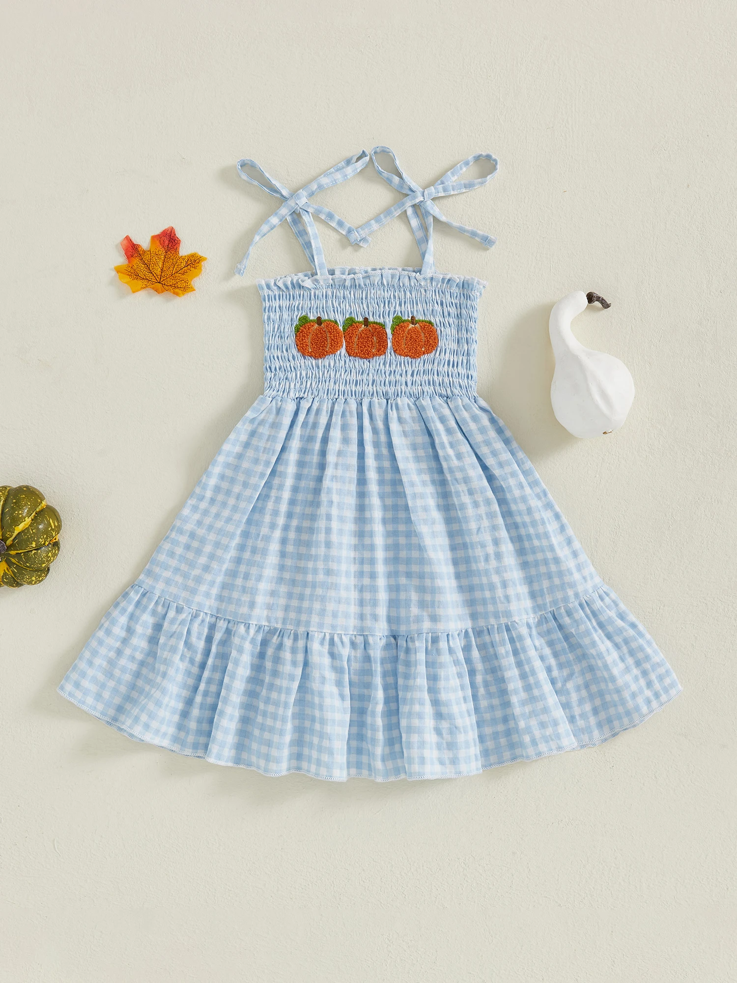 

Kids Girls Slip Dress Tie-up Sleeveless Embroidery Pumpkin Plaid Dress Summer A-line Dress Halloween Costume