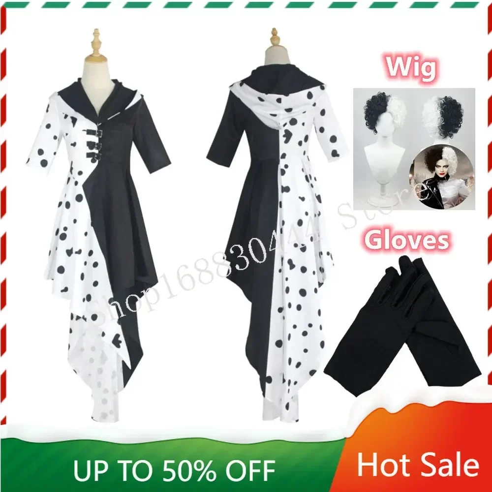 Movie Cruella De Vil Cosplay Costumes 101 Dalmatians Women's Girls New Fashion Black White Dress Wig Halloween Party Clothes