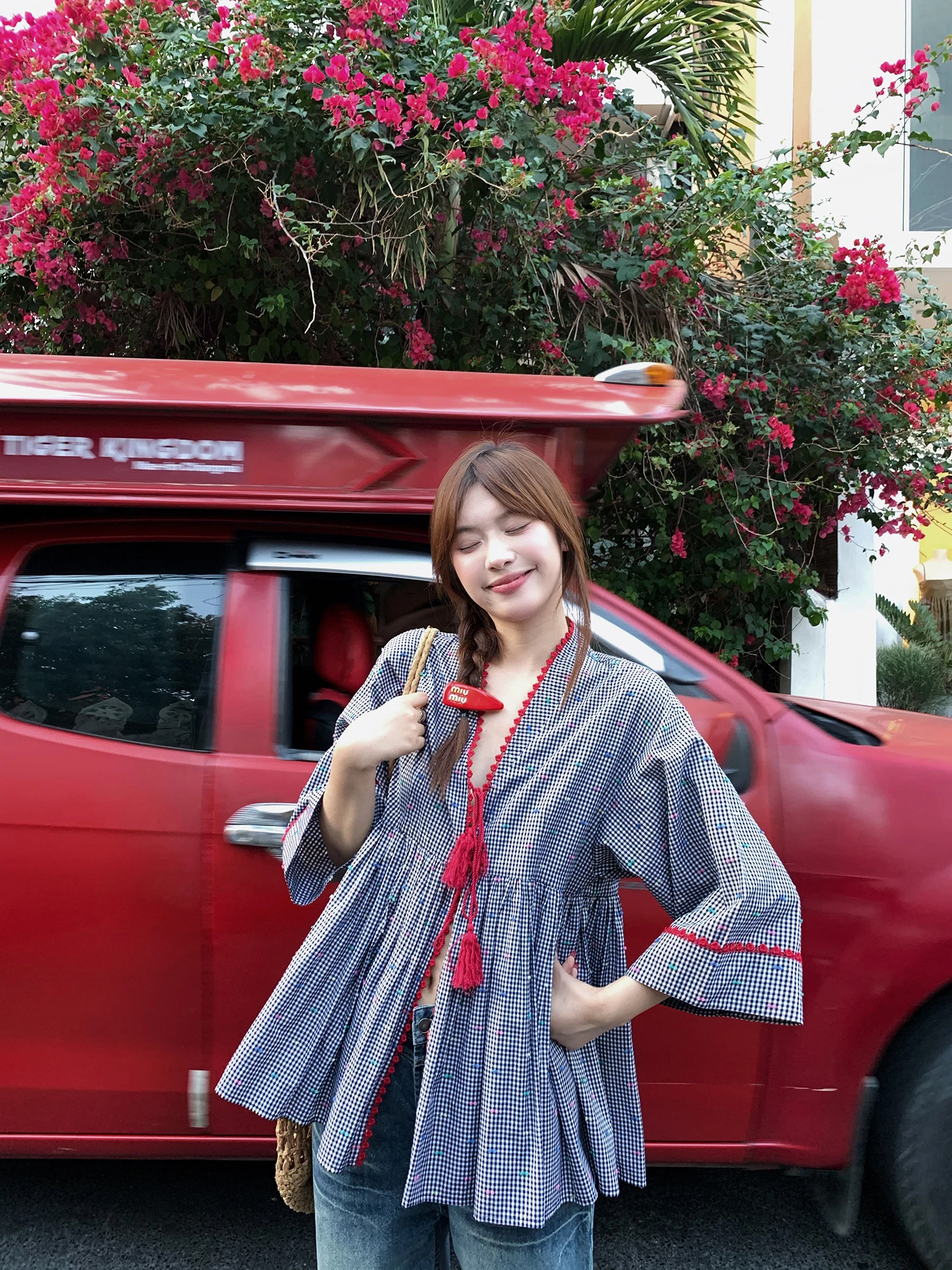 

Color Block V-Neck Tie Waist Sleeveless Shirt Retro Style Cotton Polyester Blend Breathable Loose Fit Women's Dress Shirt