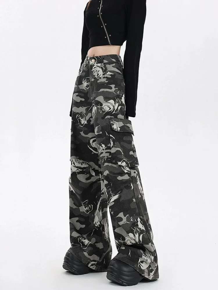 Pantaloni da donna vintage streetwear stile casual rosa mimetici cargo jeans mimetici pantaloni lunghi larghi a gamba larga