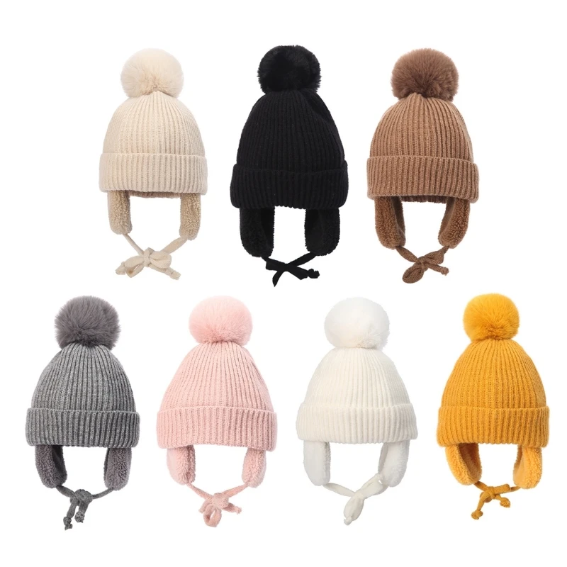 

Thick & Plush Ear Trendy Baby Bonnet Warm & Fashionable Hat for Children Knitted Hat with Earflaps for Warmth top quality