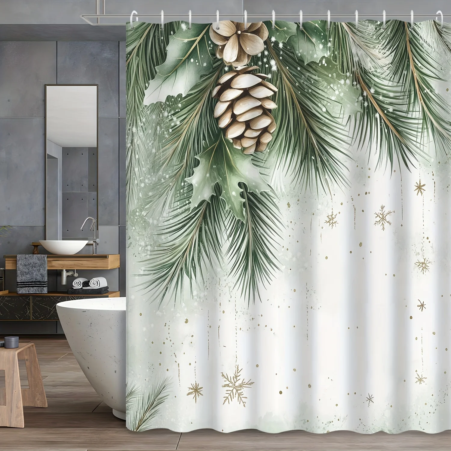Festive Pine Branch & Snowflake Christmas Shower Curtain - Green Themed Polyester Bathroom Decor