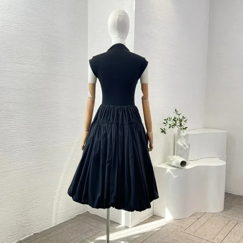 Women's Black Sleeveless Puffy Hem Ruched Midi Stand Collar Dress for 2024 New Ariivals Summer Elegant Dresses