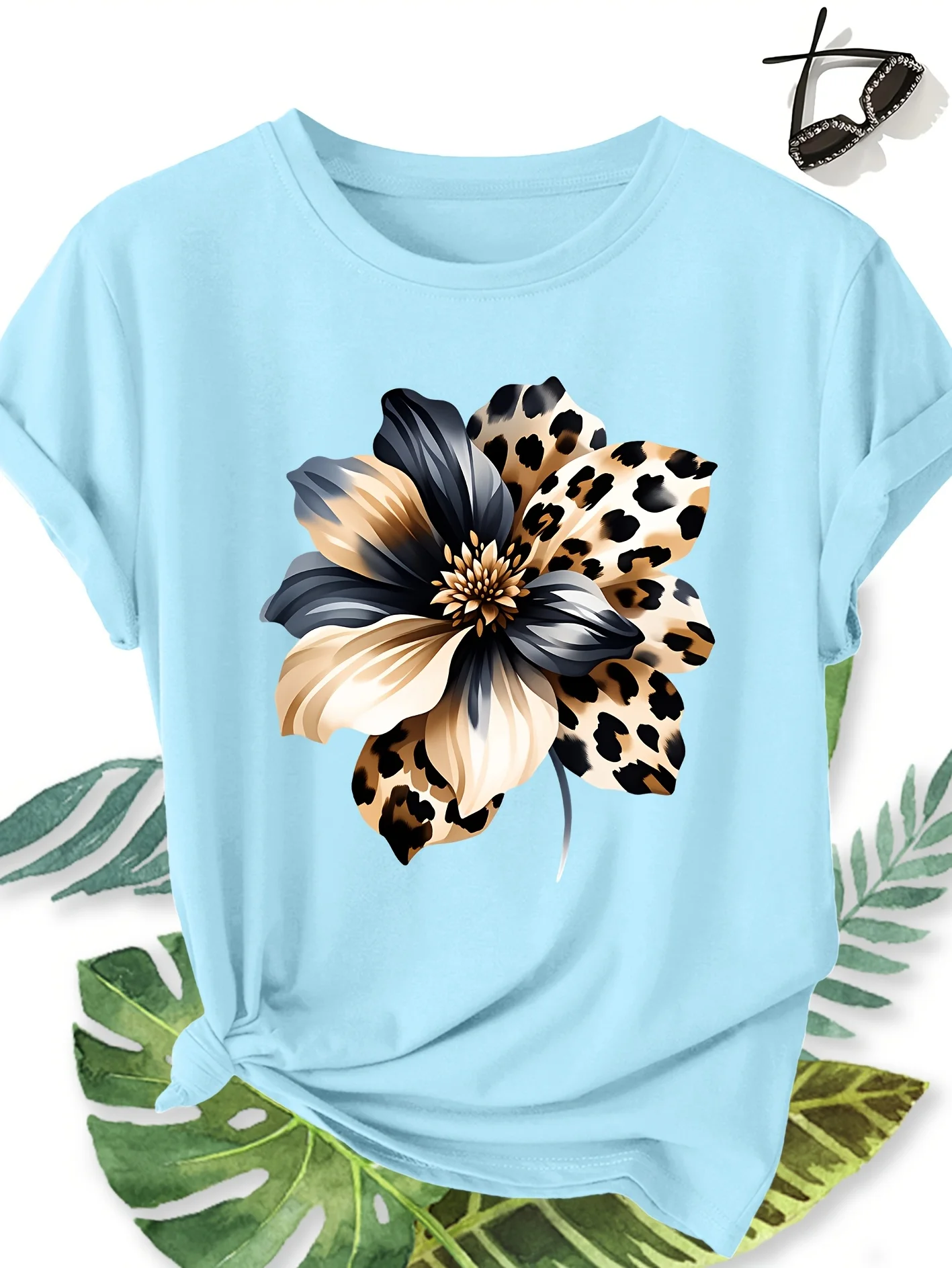 Leopard Print Patchwork Flower Print Personalized Women's Comfortable T-shirt Fashionable Commuting Vacation Daily Casual Top